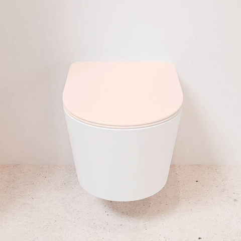 Mondiaz LAVIE hangtoilet – spoelrandloos – 36 x 53 cm – met softclose zitting – Talc (wit), zitting Rosee (roze) SW1208694