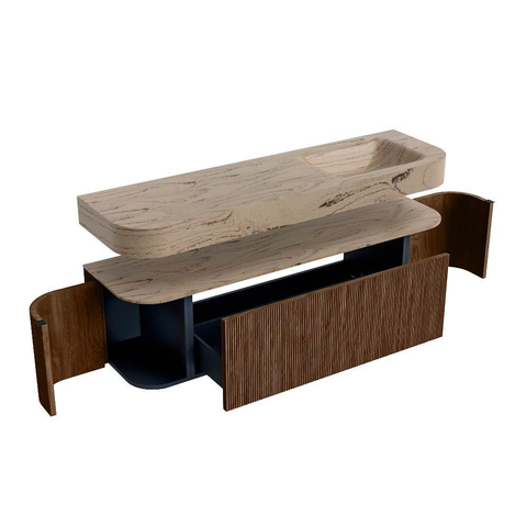 MONDIAZ THOR-DLUX 160cm badmeubel ronding links + rechts kleur Walnut met 1 lade en 2 deuren. Vrijhangende wastafel CLOUD Rechts zonder kraangat kleur Arena. SW1465115