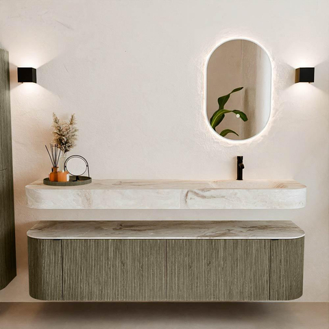 MONDIAZ THOR-DLUX 180cm meuble de salle de bains arrondi gauche + droite couleur Shadow avec 2 tiroirs et 2 portes. Vasque suspendue CLOUD Droite 1 trou de robinet couleur Frappe. SW1466060