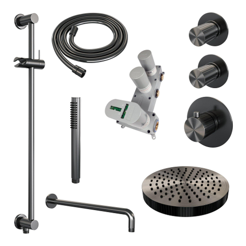 BRAUER Stripe Thermostatische Inbouw Regendouche - SET 08 - 25cm douchekop - gebogen muurarm - staaf handdouche - doucheslang - geïntegreerde glijstang - gunmetal geborsteld PVD SW1434998