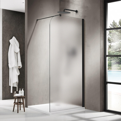 Fortifura Galeria Paroi de douche à l'italienne - 90x200cm - paroi arrondie - droite - verre mat - barre de fixation murale - noir mat SW1426447