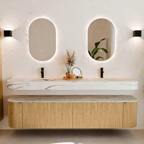MONDIAZ THOR-DLUX 200cm meuble de salle de bains arrondi gauche + droite couleur Oak avec 2 tiroirs et 2 portes. Vasque suspendue CLOUD Double 2 trous de robinet couleur Nata. SW1467143