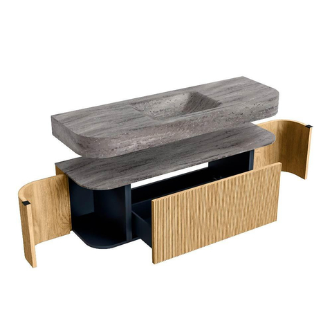 MONDIAZ THOR-DLUX Meuble de salle de bains 140cm arrondi gauche + droite couleur Oak avec 1 tiroir et 2 portes. Vasque suspendue CLOUD Centre sans trou de robinet couleur Oza. SW1464237