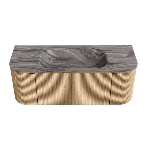MONDIAZ KURVE-DLUX Meuble de salle de bains 120cm arrondi Gauche + Droite couleur Oak avec 1 tiroir et 2 portes. Vasque BIG SMALL Milieu sans trou de robinet Sombra. SW1433543