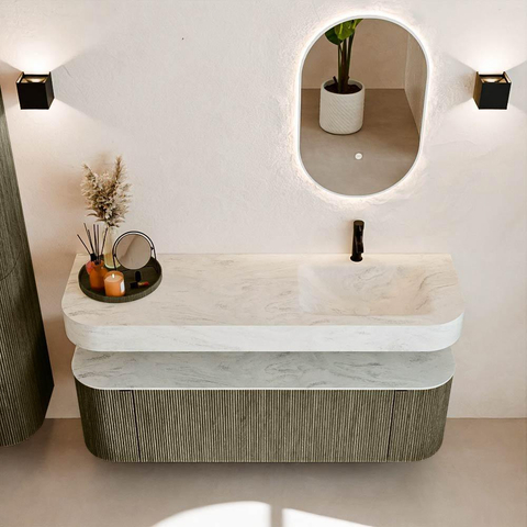 MONDIAZ THOR-DLUX 150cm meuble de salle de bains arrondi gauche + droite couleur Shadow avec 1 tiroir et 2 portes. Vasque suspendue CLOUD Droite 1 trou de robinet couleur Opalo. SW1464732