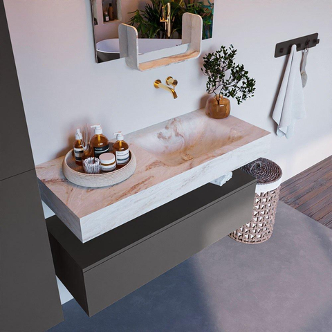 Mondiaz ALAN-DLUX Ensemble de meuble - 110cm - meuble Dark grey mat - 1 tiroir - Lavabo Cloud Frappe suspendu - vasque Droite - 0 trous de robinet SW805073