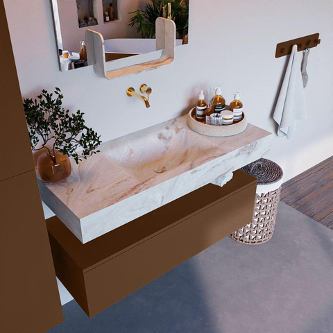 Mondiaz ALAN-DLUX Ensemble de meuble - 110cm - meuble Rust mat - 1 tiroir - Lavabo Cloud Frappe suspendu - vasque Centre - 0 trous de robinet SW805089