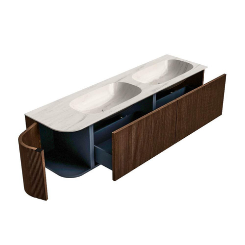 MONDIAZ KURVE-DLUX Meuble de salle de bains 165cm arrondi à gauche couleur Walnut avec 2 tiroirs et 1 porte. Plan-vasque STOR SMALL Double / Droite 2 trous de robinet Meli. SW1431739