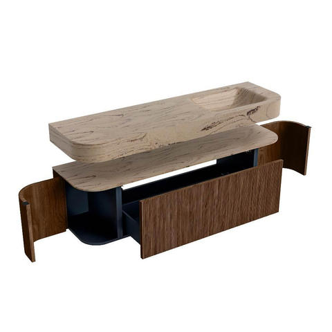 MONDIAZ THOR-DLUX 160cm meuble de salle de bains arrondi gauche + droite couleur Walnut avec 1 tiroir et 2 portes. Vasque suspendue CLOUD droite 1 trou de robinet couleur Arena. SW1465109
