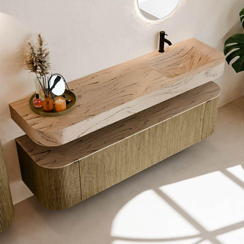 MONDIAZ THOR-DLUX Meuble de salle de bains 170cm arrondi gauche + droite couleur Dusk avec 1 tiroir et 2 portes. Vasque suspendue CLOUD Droite 1 trou de robinet couleur Arena. SW1465818