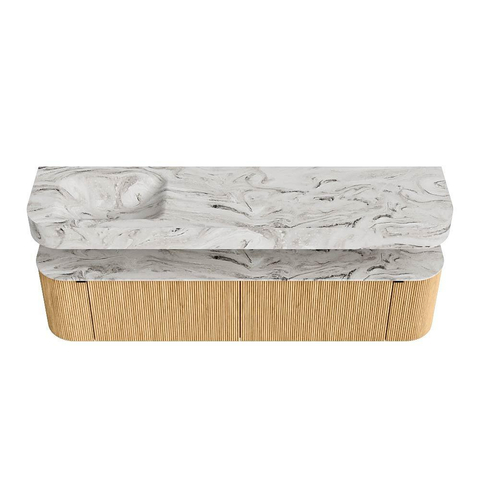 MONDIAZ THOR-DLUX Meuble de salle de bains 190cm arrondi gauche + droite couleur Oak avec 2 tiroirs et 2 portes. Vasque suspendue CLOUD Gauche sans trou de robinet couleur Glace. SW1466368