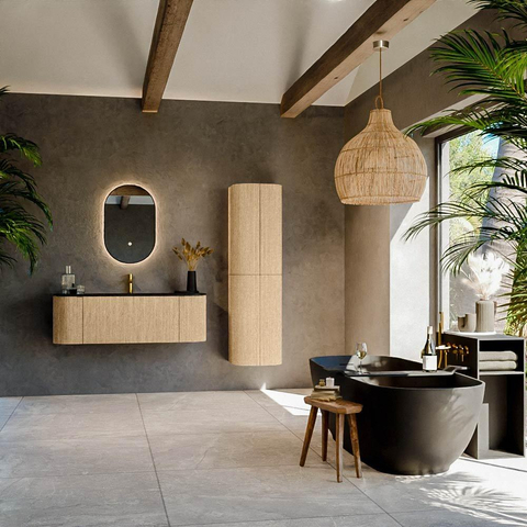 MONDIAZ KURVE Meuble de salle de bains 130cm avec module 25 Len R couleur Chêne avec 1 tiroir et 2 portes. Lavabo BIG SMALL central 1 trou de robinet Urban. SW1138367