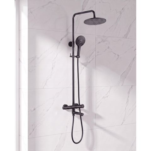 Fortifura Calvi Ensemble de douche à effet pluie - thermostatique - pommeau de douche 25cm - flexible lisse - douchette ronde - bec de baignoire pivotant - noir mat SW1592502