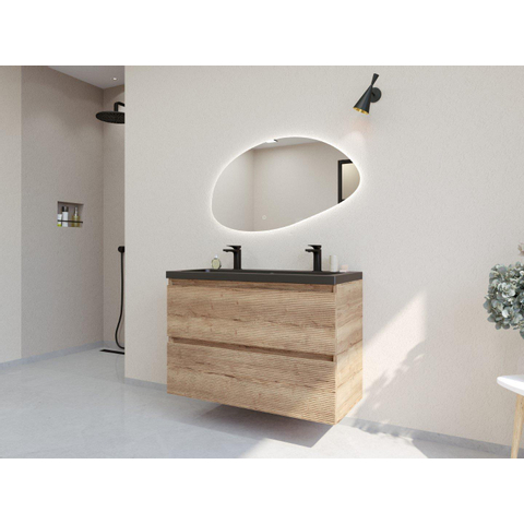 H&R Badmeubelen Infinity XXL 3D Badkamermeubelset - 100 cm - 1 keramische wasbak djazz mat zwart - 2 kraangaten - 2 lades - french oak SW863487