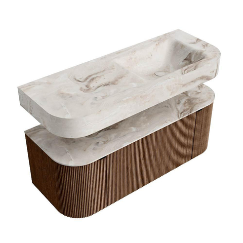 MONDIAZ THOR-DLUX 120cm meuble de salle de bains arrondi gauche + droite couleur Walnut avec 1 tiroir et 2 portes. Vasque suspendue CLOUD droite sans trou de robinet couleur Frappe. SW1463208