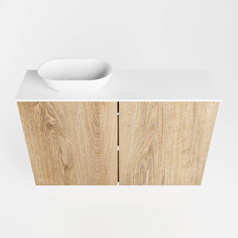 Mondiaz Fowy Meuble WC - 80x50x23cm - chêne blanchi mat - 1 trou de robinet - lavabo à gauche - 2 portes - solid surface - plan Mélamine - lavabo : blanc SW761430