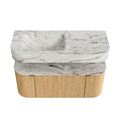 MONDIAZ THOR-DLUX Meuble de salle de bains 110cm arrondi gauche + droite couleur Oak avec 1 tiroir et 2 portes. Vasque suspendue CLOUD Gauche 1 trou de robinet couleur Glace. SW1462747