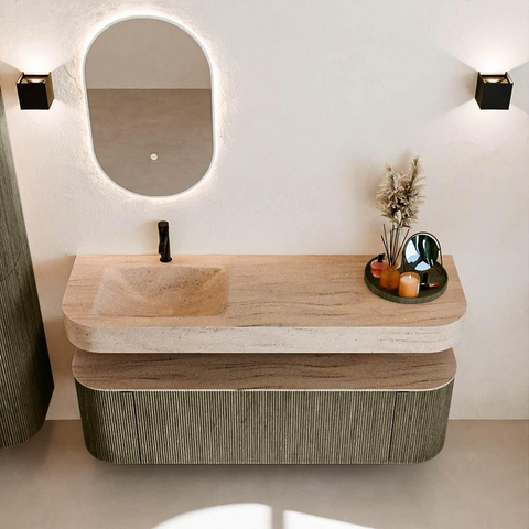 MONDIAZ THOR-DLUX 150cm meuble de salle de bains arrondi gauche + droite couleur Shadow avec 1 tiroir et 2 portes. Vasque suspendue CLOUD gauche 1 trou de robinet couleur Saba. SW1464903