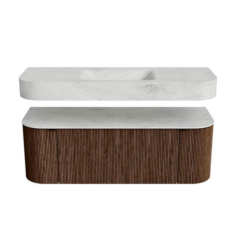 MONDIAZ THOR-DLUX 130cm meuble de salle de bains arrondi gauche + droite couleur Walnut avec 1 tiroir et 2 portes. Vasque suspendue CLOUD Milieu sans trou de robinet couleur Opalo. SW1463620