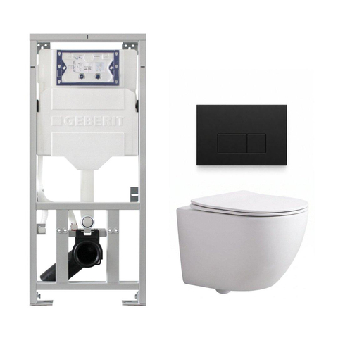 Pack WC QeramiQ Dely Swirl Compact - réservoir encastrable Geberit UP320 - avec bâti-support Burda - abattant slim - plaque de commande en plastique noir mat - boutons rectangulaires - blanc brillant SW1592285
