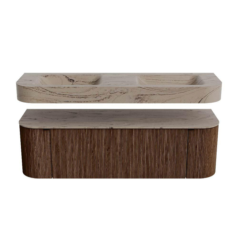 MONDIAZ THOR-DLUX 150cm meuble de salle de bains arrondi gauche + droite couleur Walnut avec 1 tiroir et 2 portes. Vasque suspendue CLOUD Double 2 trous de robinet couleur Arena. SW1464756