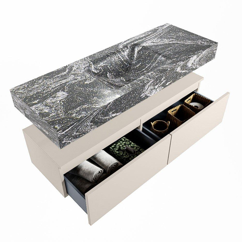 Mondiaz ALAN-DLUX Ensemble de meuble - 130cm - meuble Linen mat - 2 tiroirs - Lavabo Cloud Lava suspendu - vasque Centre - 0 trous de robinet SW808175