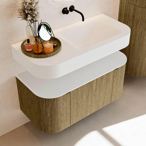 MONDIAZ THOR Meuble de salle de bains 100cm arrondi gauche + droite couleur Dusk avec 1 tiroir et 2 portes. Vasque suspendue CLOUD Droite sans trou de robinet couleur Talc. SW1467390