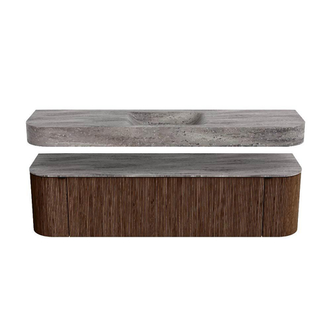 MONDIAZ THOR-DLUX 170cm badmeubel ronding links + rechts kleur Walnut met 1 lade en 2 deuren. Vrijhangende wastafel CLOUD Midden zonder kraangat kleur Oza. SW1465672