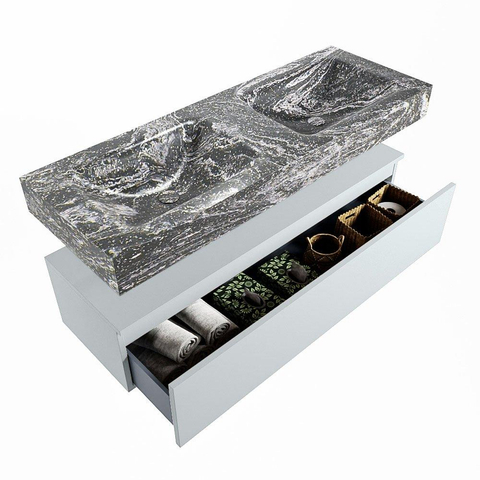 Mondiaz ALAN-DLUX Ensemble de meuble - 130cm - meuble Clay mat - 1 tiroir - Lavabo Cloud Lava suspendu - vasque Gauche et droite - 2 trous de robinet SW808712