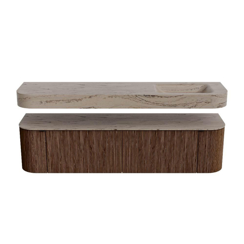 MONDIAZ THOR-DLUX 180cm badmeubel ronding links + rechts kleur Walnut met 2 lades en 2 deuren. Vrijhangende wastafel CLOUD Rechts 1 kraangat kleur Arena. SW1466115