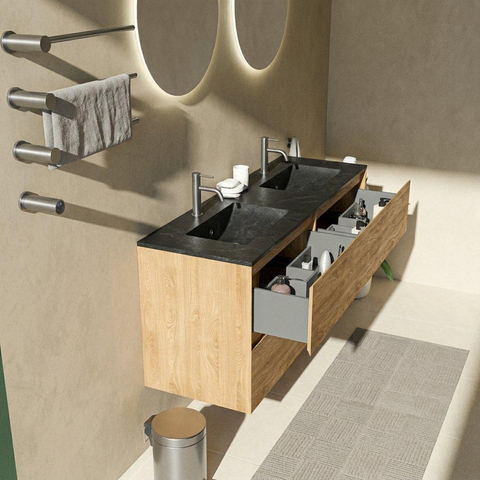 Saniclass Holz Pure Badkamermeubelset - 140x45x62cm - Vygo keramische wastafel zwart - 2 wasbakken - 2 kraangaten - 4 lades - mat eiken natural (hout) SW1479011