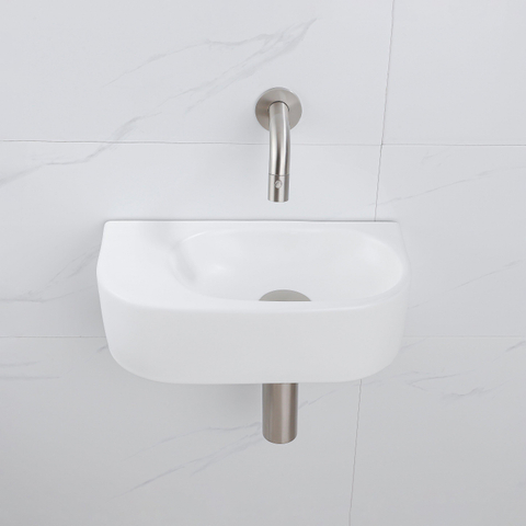 QeramiQ Fuente fonteinset – halfrond – 40x21.5x12 cm – keramiek wit mat – zonder kraangat – kraan geborsteld RVS SW1233099