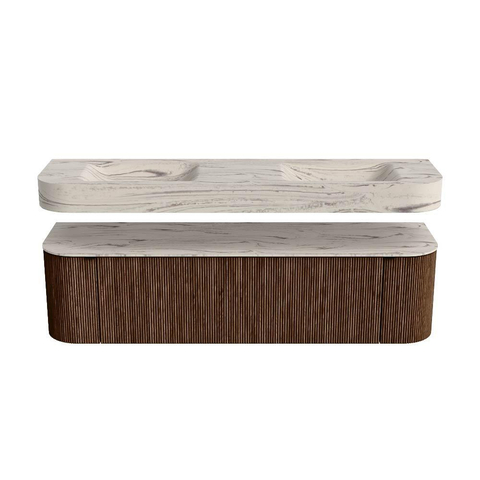 MONDIAZ THOR-DLUX 170cm meuble de salle de bains arrondi gauche + droite couleur Walnut avec 1 tiroir et 2 portes. Vasque suspendue CLOUD Double sans trou de robinet couleur Nata. SW1465782