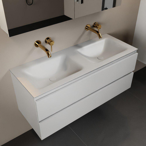 Mondiaz Aivy badmeubelset - 120x45x50cm - 0 kraangaten - 2 wasbakken talc Solid surface - Links en rechts - 2 lades - Met spiegelkast - MDF Talc SW892244