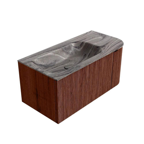 MONDIAZ KURVE-DLUX Meuble de salle de bains 95cm arrondi à droite couleur Ruby avec 1 tiroir et 1 porte. Vasque BIG SMALL gauche 1 trou de robinet Sombra. SW1433937