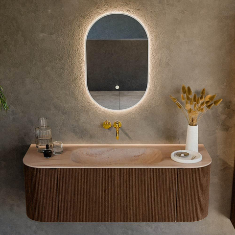 MONDIAZ KURVE-DLUX 130cm badmeubel ronding Links + Rechts kleur Walnut met 1 lade en 2 deuren. Wastafel BIG SMALL Midden zonder kraangat Saba. SW1433155