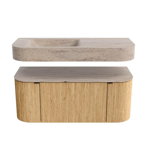 MONDIAZ THOR-DLUX 110cm meuble de salle de bains arrondi gauche + droite couleur Oak avec 1 tiroir et 2 portes. Vasque suspendue CLOUD Gauche sans trou de robinet couleur Saba. SW1463002