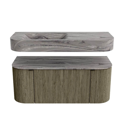 MONDIAZ THOR-DLUX 110cm badmeubel ronding links + rechts kleur Shadow met 1 lade en 2 deuren. Vrijhangende wastafel CLOUD Links 1 kraangat kleur Sombra. SW1463049