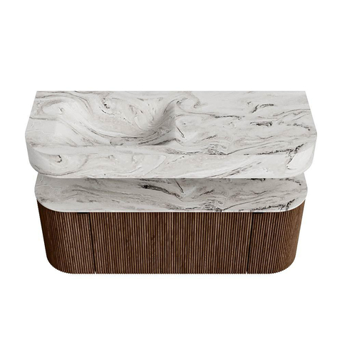 MONDIAZ THOR-DLUX 120cm badmeubel ronding links + rechts kleur Walnut met 1 lade en 2 deuren. Vrijhangende wastafel CLOUD Links zonder kraangat kleur Glace. SW1463215