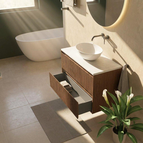 Saniclass Holz Atelier Badkamermeubelset - 100x45x62.5cm - Torino solid surface topblad wit - zonder kraangat - 2 lades - mat walnut pure (hout) SW1478705