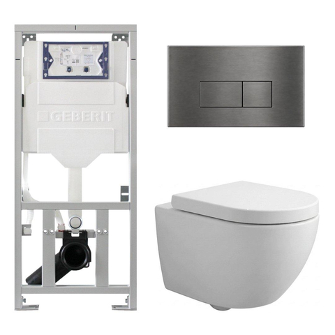 Pack WC QeramiQ Dely Swirl Compact - réservoir encastrable Geberit UP320 - avec bâti-support Burda - abattant 25 mm - plaque de commande en métal gunmetal - boutons rectangulaires - blanc mat SW1595666