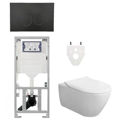 Villeroy & Boch Subway 2.0 DirectFlush CeramicPlus toiletset slimseat zitting - met Geberit reservoir en bedieningsplaat - met ronde knoppen - mat zwart (wit) SW791662