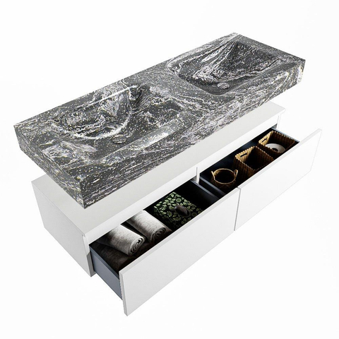 Mondiaz ALAN-DLUX Ensemble de meuble - 130cm - meuble Talc mat - 2 tiroirs - Lavabo Cloud Lava suspendu - vasque Gauche et droite - 0 trous de robinet SW807902