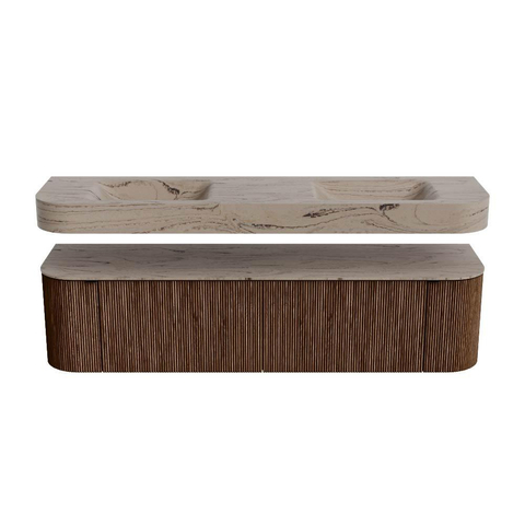 MONDIAZ THOR-DLUX 180cm badmeubel ronding links + rechts kleur Walnut met 2 lades en 2 deuren. Vrijhangende wastafel CLOUD Dubbel zonder kraangat kleur Arena. SW1466116