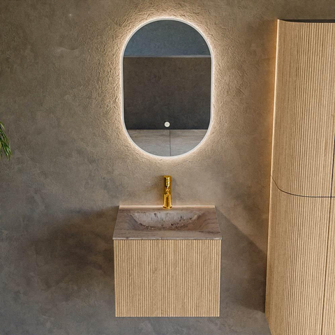 MONDIAZ KURVE-DLUX Meuble de salle de bains 50 cm couleur Oak avec 1 tiroir et 0 porte. Lavabo GRUNNE Central 1 trou de robinet Oza. SW1432609