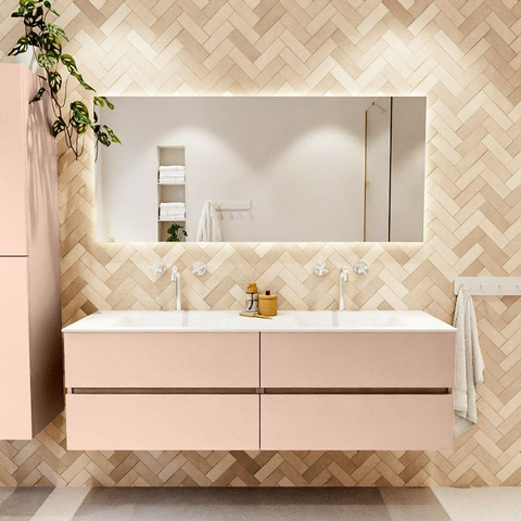 MONDIAZ Vica Ensemble meuble de salle de bains - 160cm - meuble bas rosee - 4 tiroirs - lavabo cloud double - 2 trous de robinet - version haute 60cm - talc SW1083375
