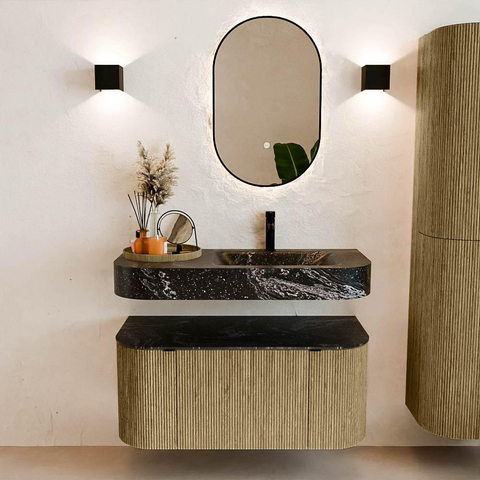 MONDIAZ THOR-DLUX 100cm meuble de salle de bains arrondi gauche + droite couleur Dusk avec 1 tiroir et 2 portes. Vasque suspendue CLOUD Droite 1 trou de robinet couleur Lava. SW1467346
