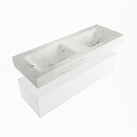 Mondiaz ALAN-DLUX Ensemble de meuble - 130cm - meuble Talc mat - 1 tiroir - Lavabo Cloud Opalo suspendu - vasque Gauche et droite - 0 trous de robinet SW806150