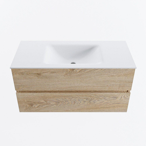 MONDIAZ VICA 100cm meuble sous lavabo Chêne blanchi 2 tiroirs. Lavabo CLOUD central sans trou de robinet, couleur Talc. SW1381949