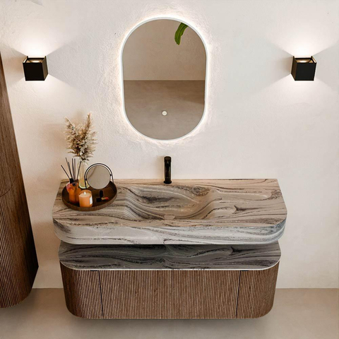 MONDIAZ THOR-DLUX 130cm meuble de salle de bains arrondi gauche + droite couleur Walnut avec 1 tiroir et 2 portes. Vasque suspendue CLOUD Milieu 1 trou de robinet couleur Sombra. SW1464063